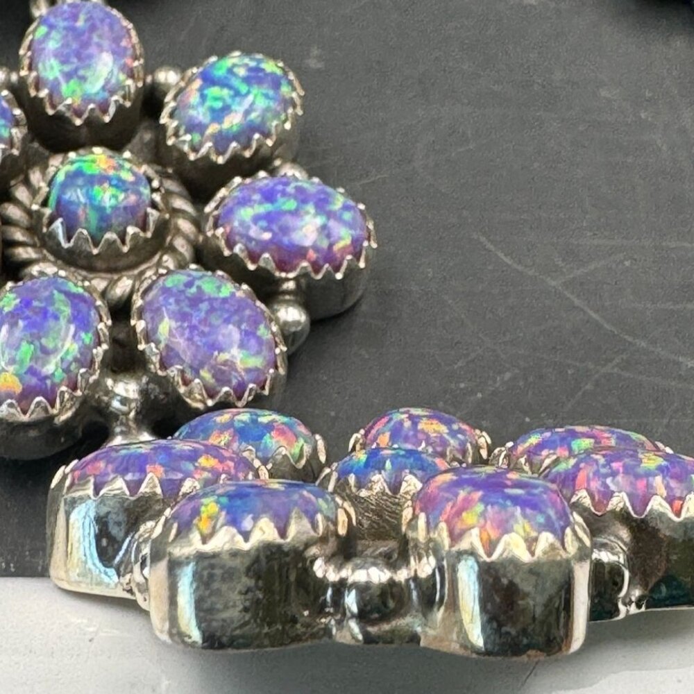 Lab Created Opal Iridescent Triple Floral Multi Stone Sterling Dangle Earrings - Picture 5 of 11